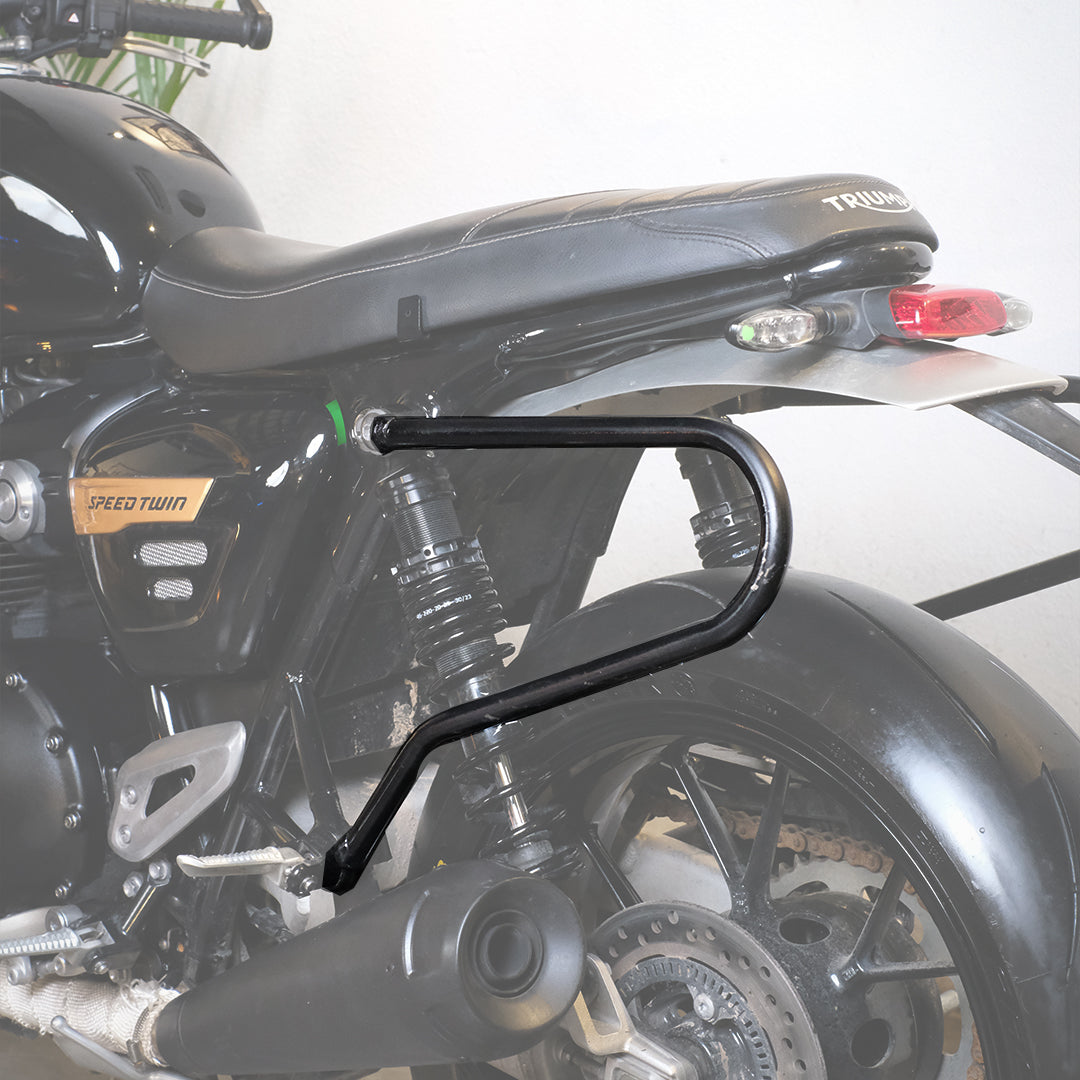 Black saddlestay on motorcycle with a visible brand logo on a white background