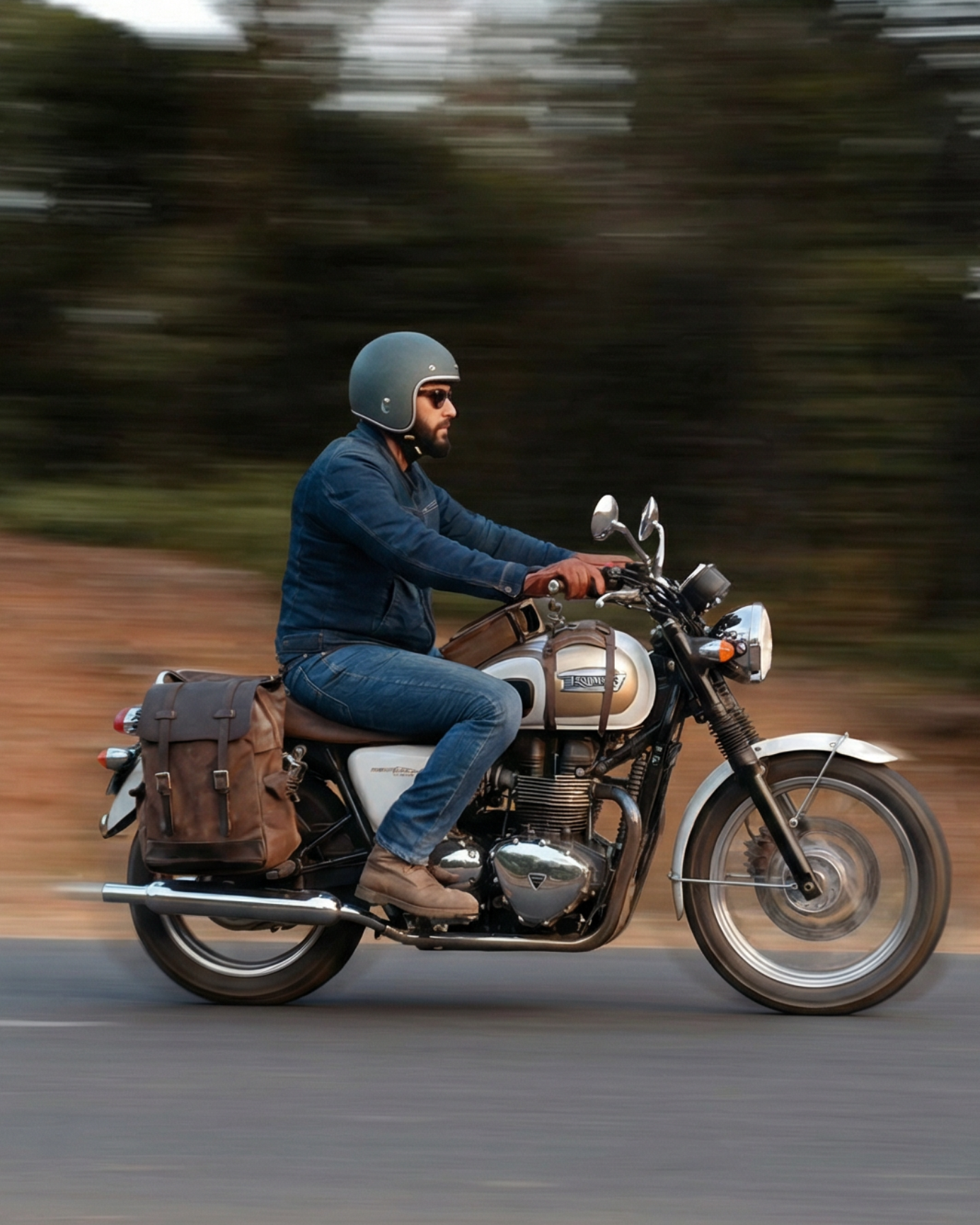 Person riding a motorcycle on a road with trees in the background