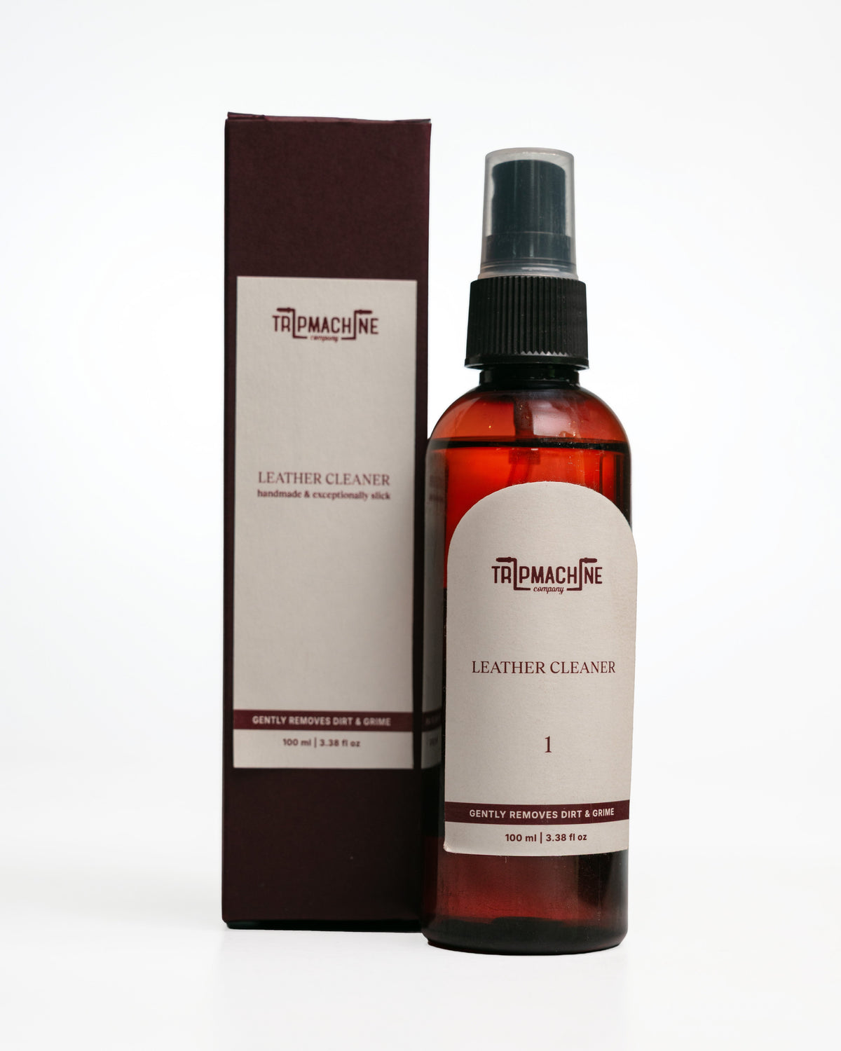 Tripmachine leather cleaner bottle and packaging on a white background