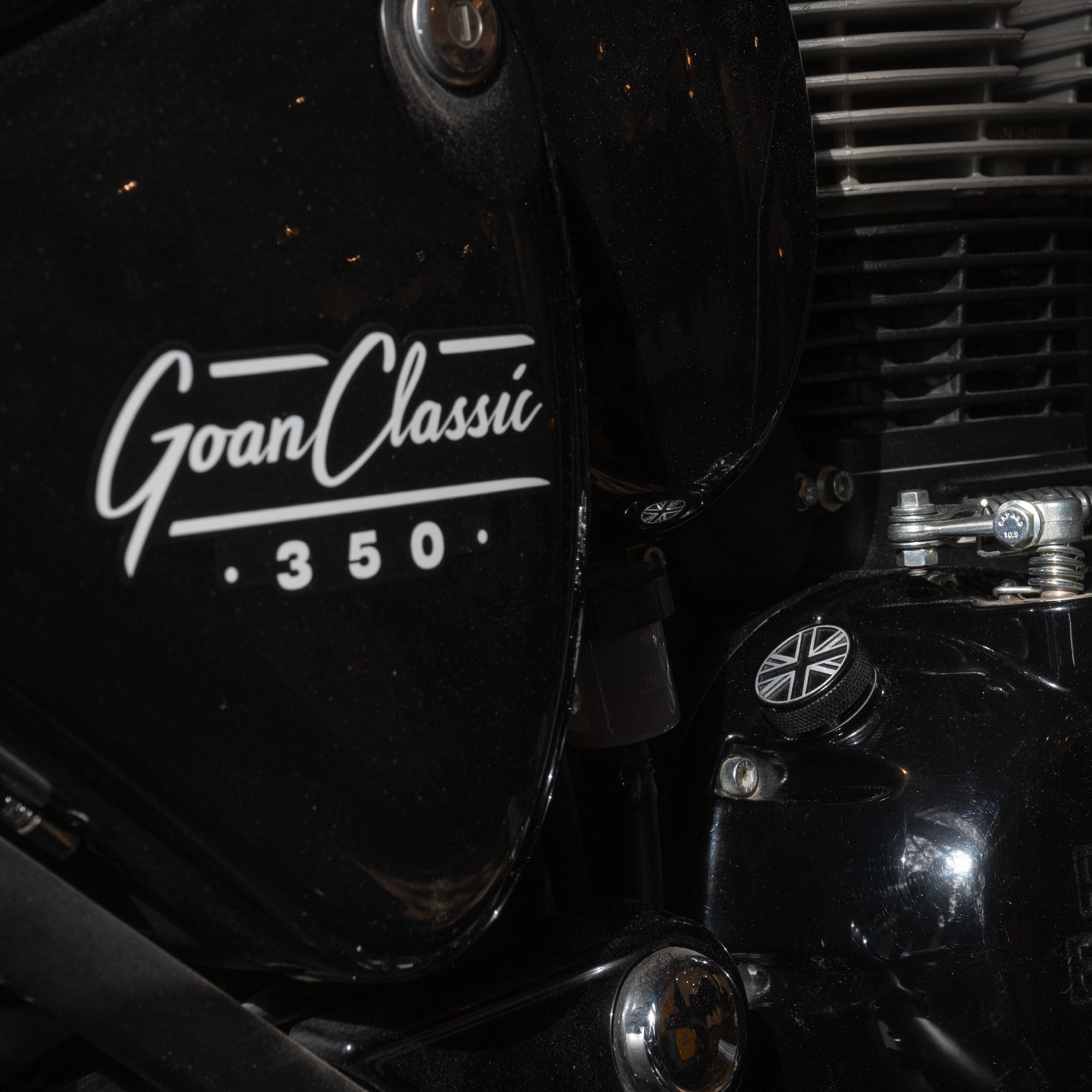 Close-up of a motorcycle with 'Goan Classic 350' branding with oil filler cap