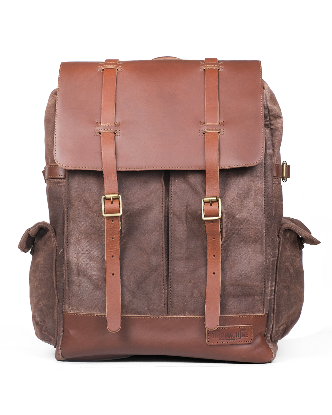 Brown leather backpack with straps on a white background