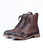 Brown leather boot with mocha shoe protector on a white background