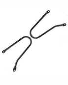 Two black metal brackets on a white background