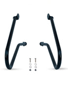 Black metal bike stand with mounting hardware on a white background