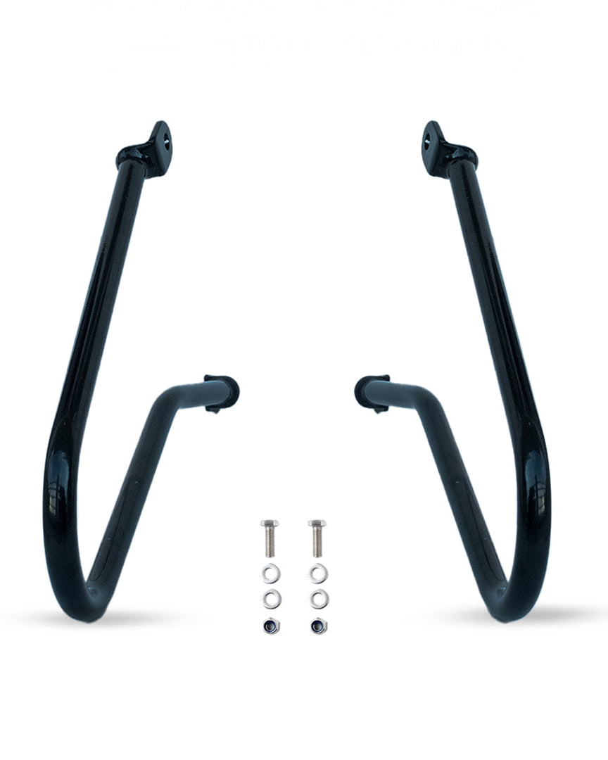 Black metal bike stand with mounting hardware on a white background