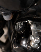 Close-up of a motorcycle engine with a Union Jack oil filler cap