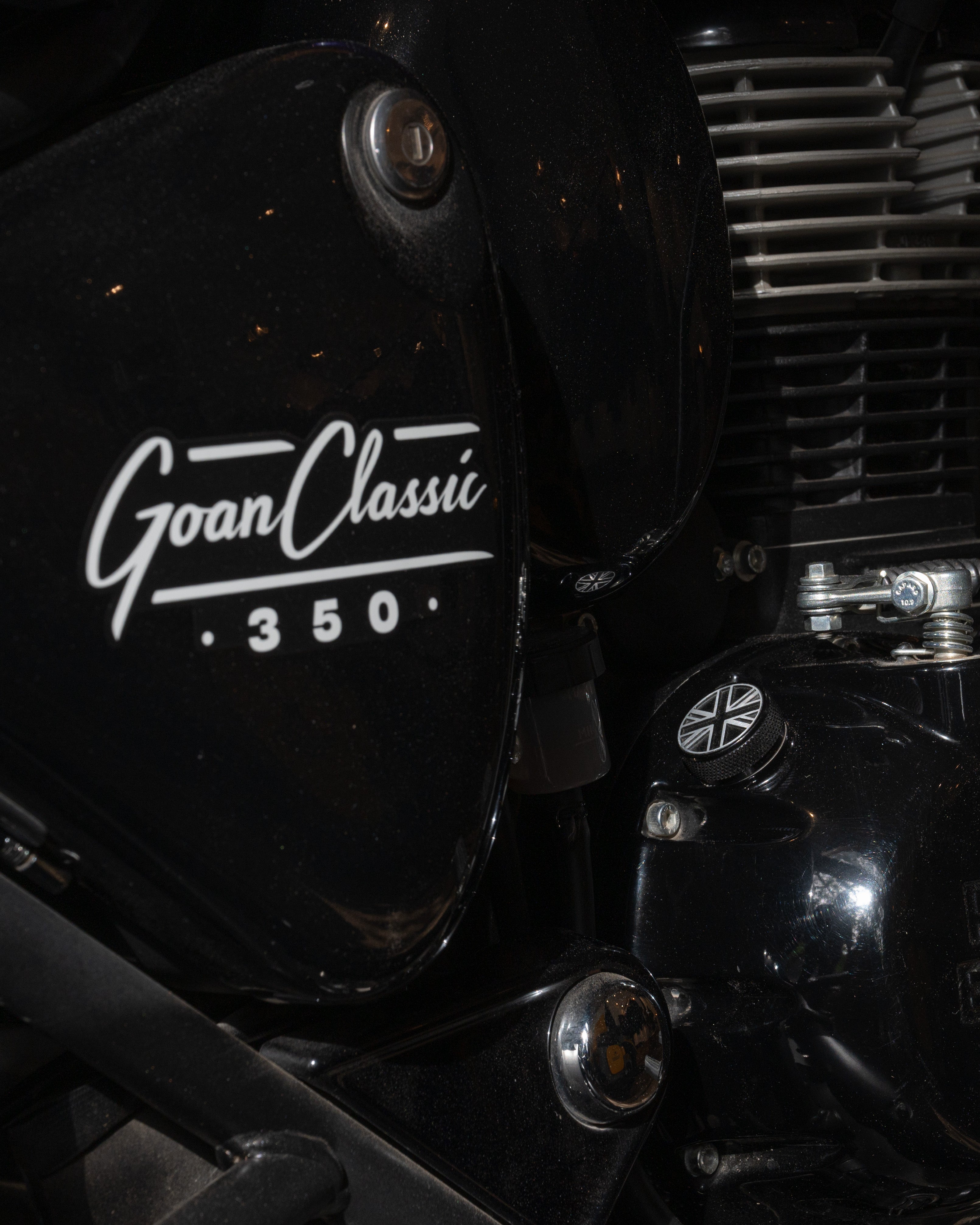 Close-up of a motorcycle with 'Goan Classic 350' branding with oil filler cap