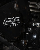 Close-up of a motorcycle with 'Goan Classic 350' branding with oil filler cap
