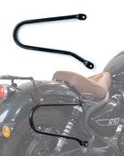 Black motorcycle luggage rack on a motorcycle with a white background