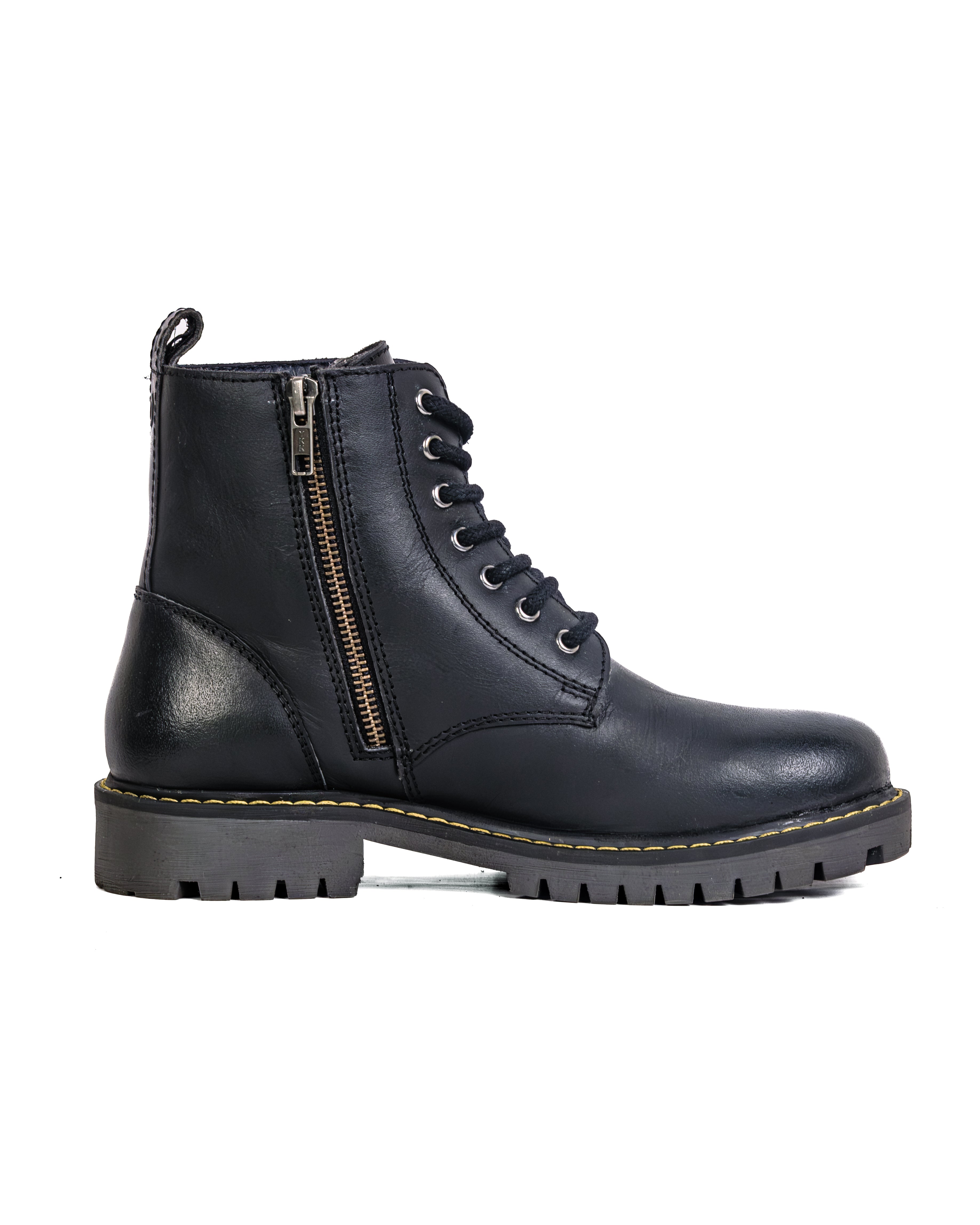 Black leather boot with a zipper on a white background