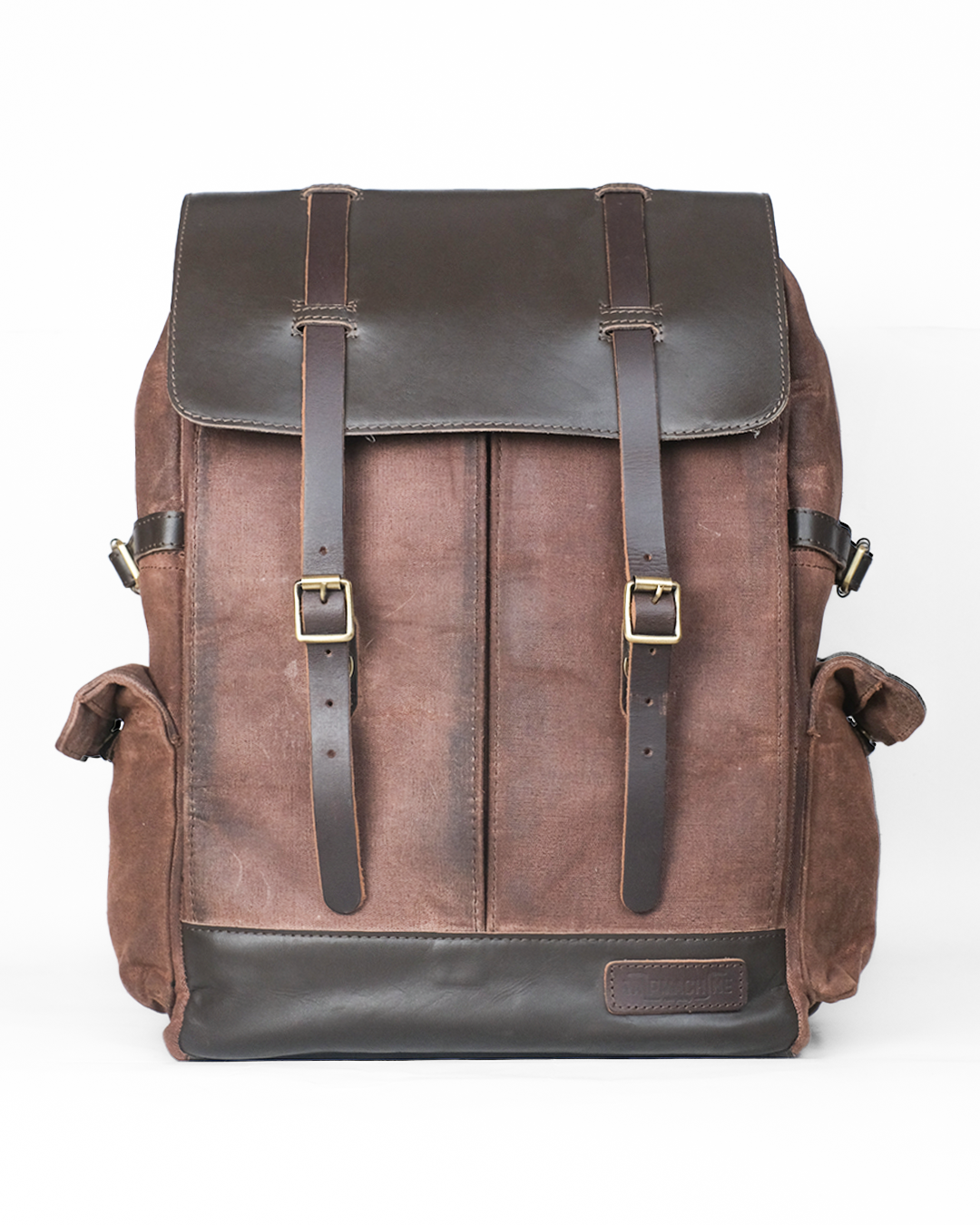 Brown leather backpack with black accents on a white background